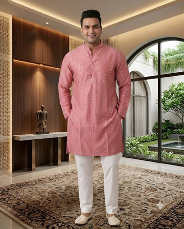 Pink Embroidered Cotton Kurta Set for Men