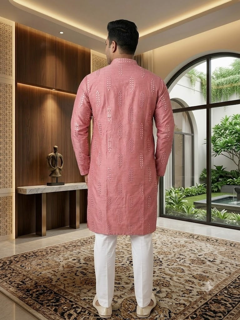 Pink Embroidered Cotton Kurta Set for Men