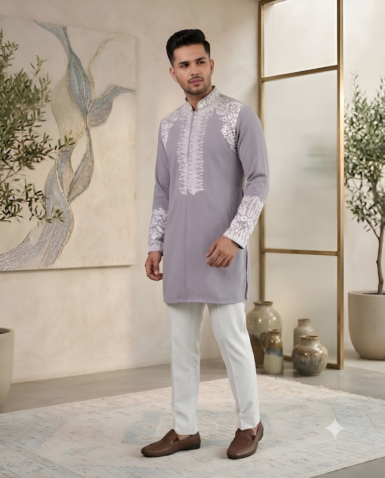 Grey Embroidered Bandhgala With Pants