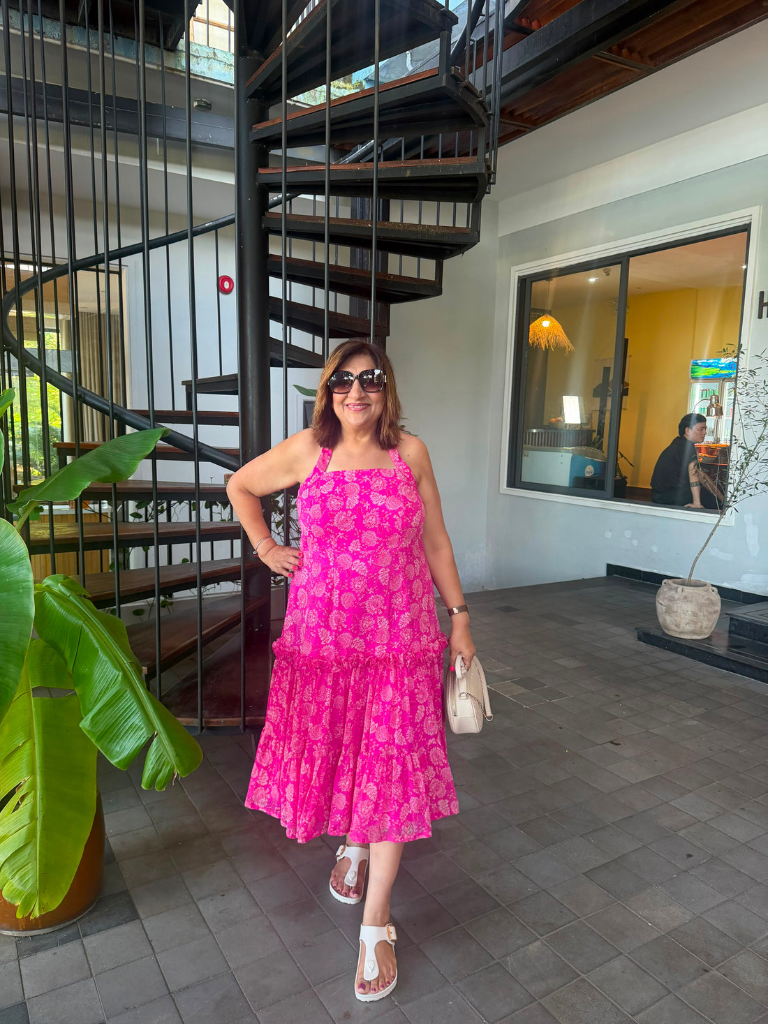 Pink Printed Chiffon Tiered Midi Dress
