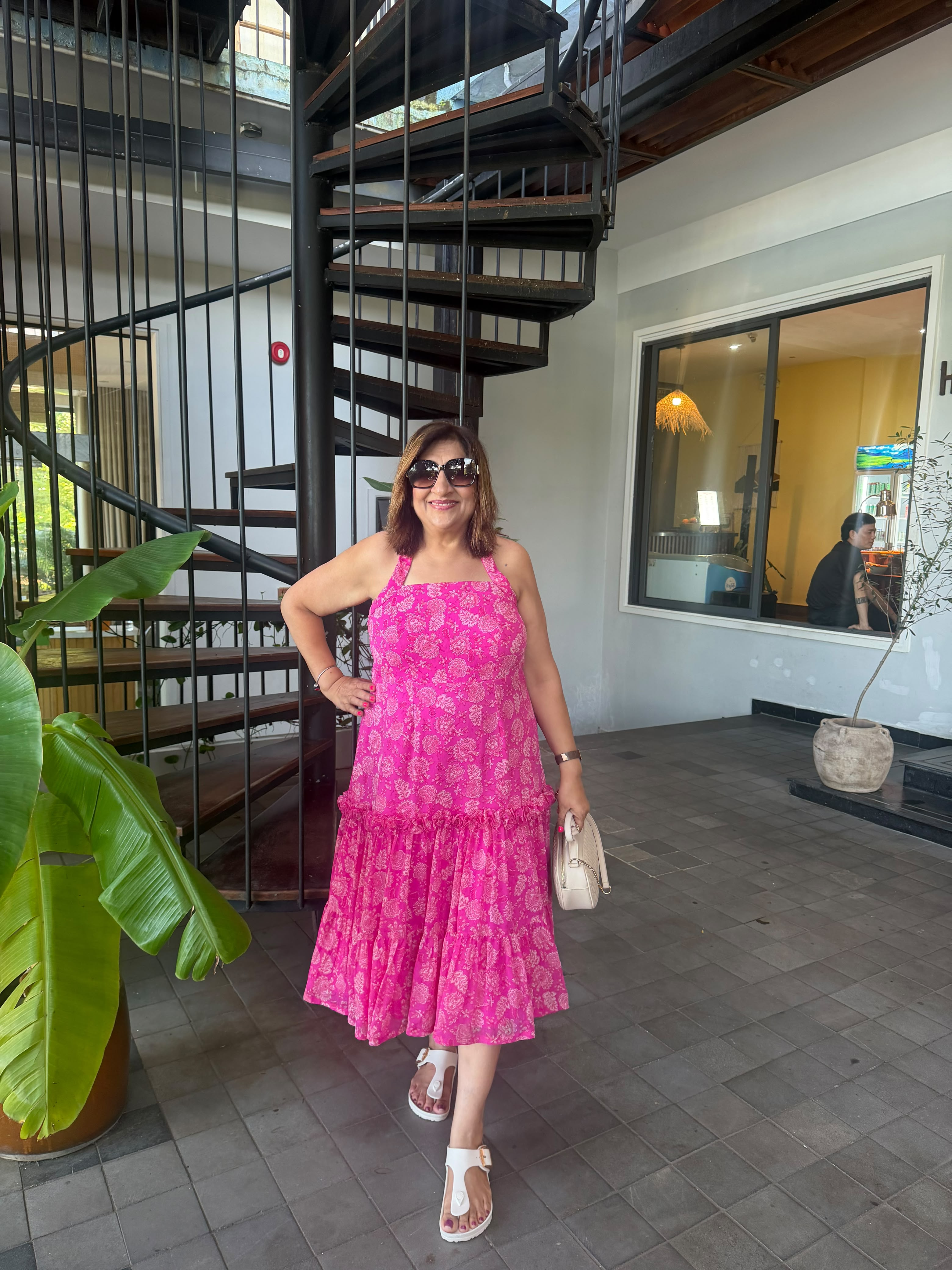 Pink Printed Chiffon Tiered Midi Dress