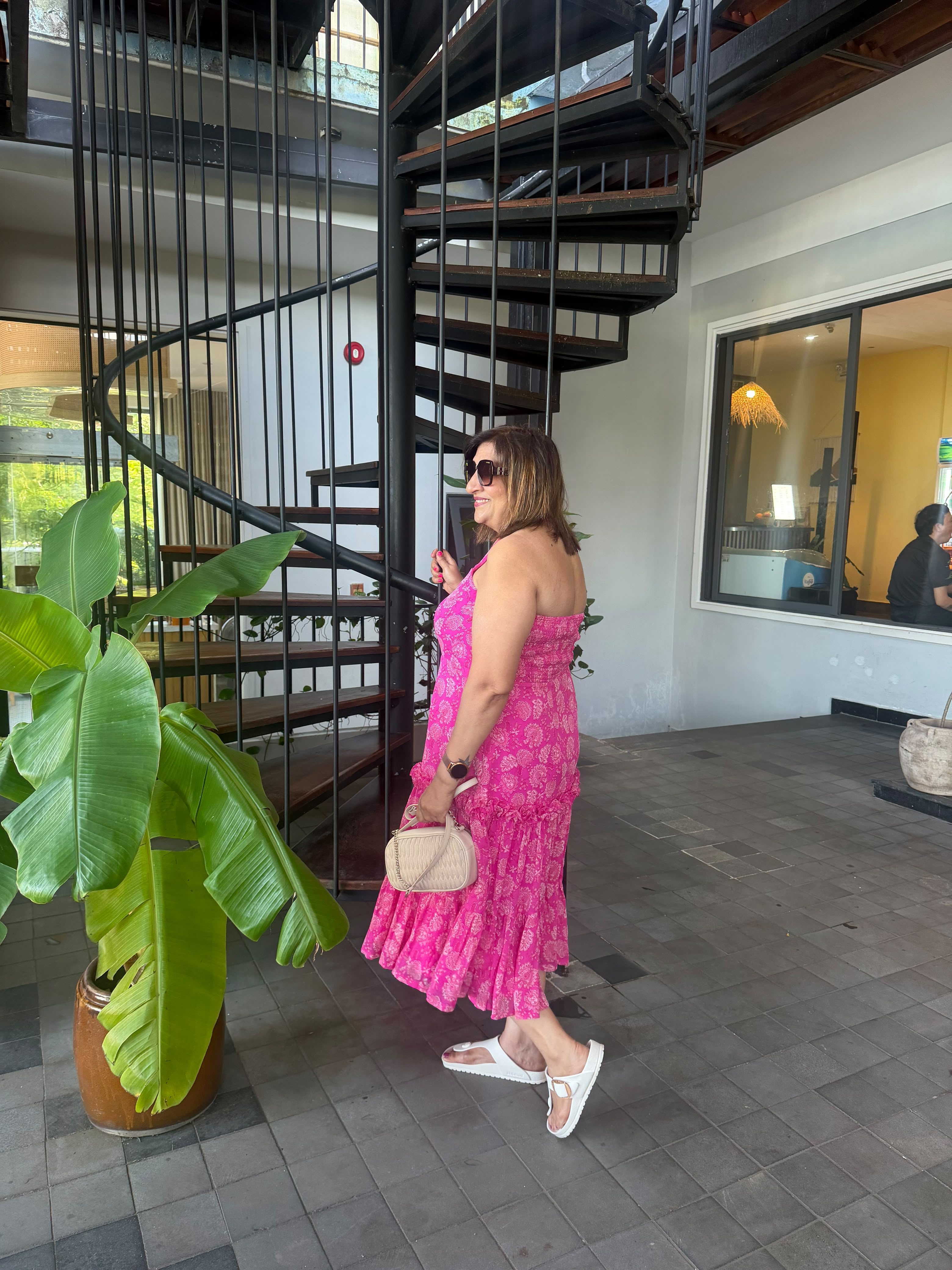 Pink Printed Chiffon Tiered Midi Dress
