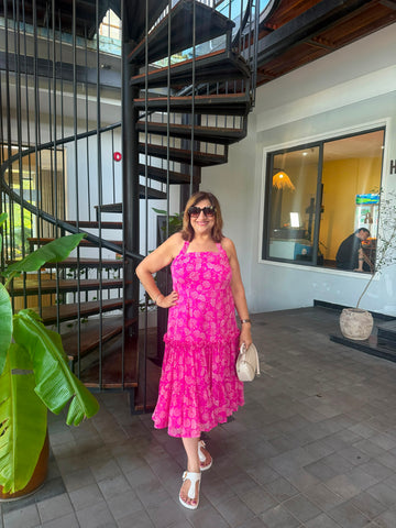 Pink Printed Chiffon Tiered Midi Dress