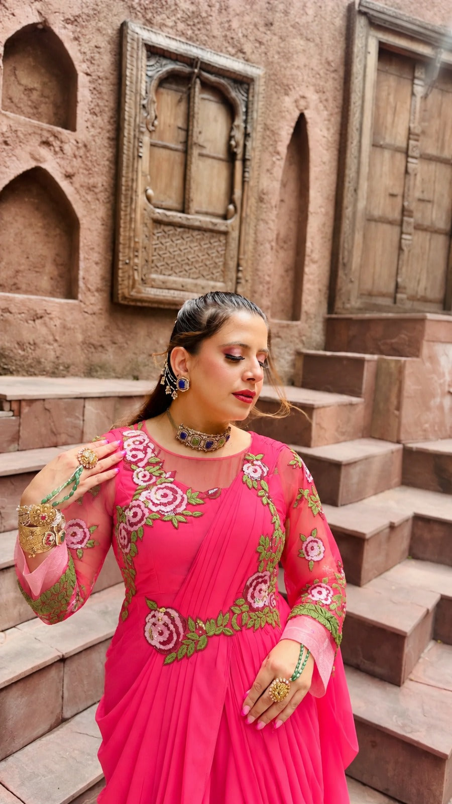 Carrot Pink Teej Saree