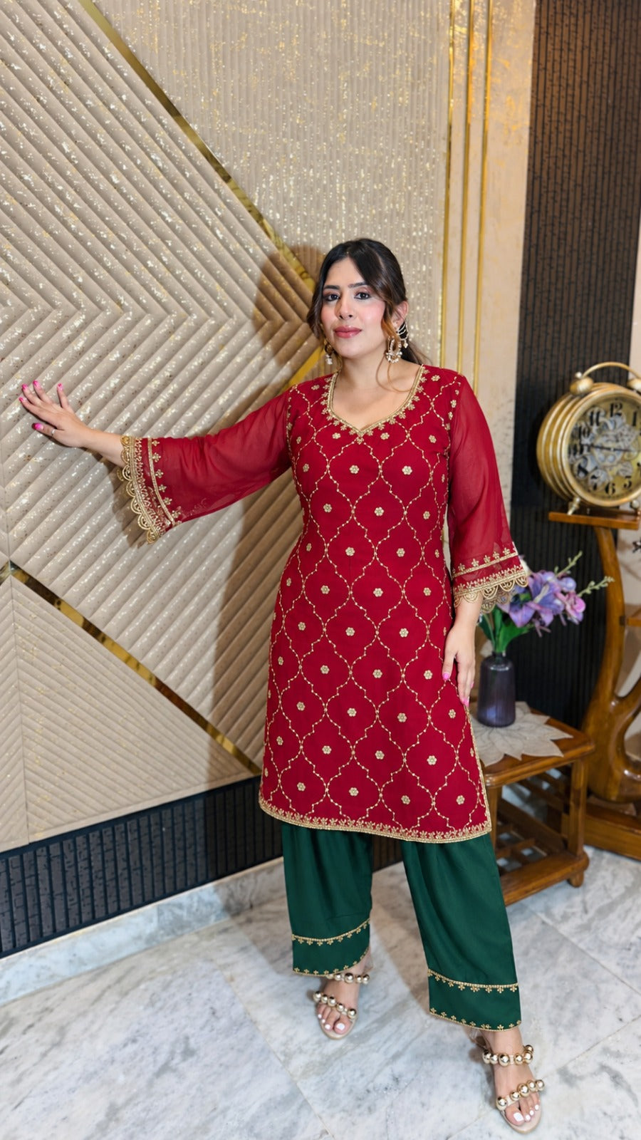 Crimson Jharokha Red Festive Suit