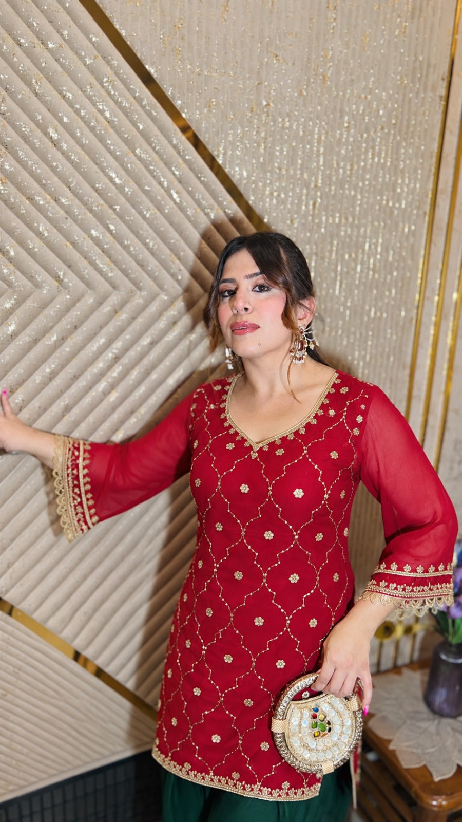 Crimson Jharokha Red Festive Suit