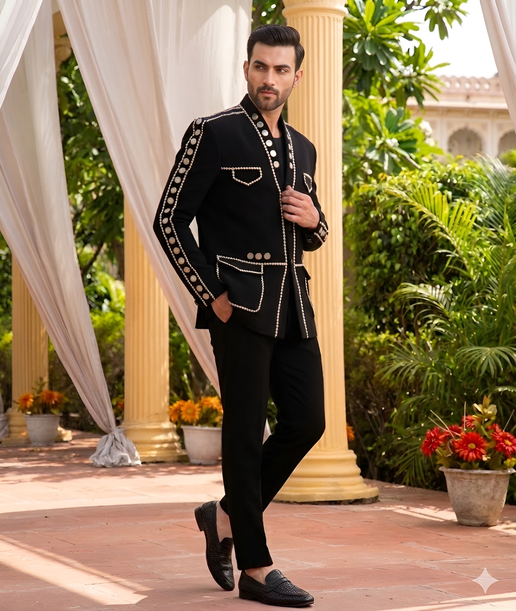 Black Shawl Lapel Lycra Suit Set