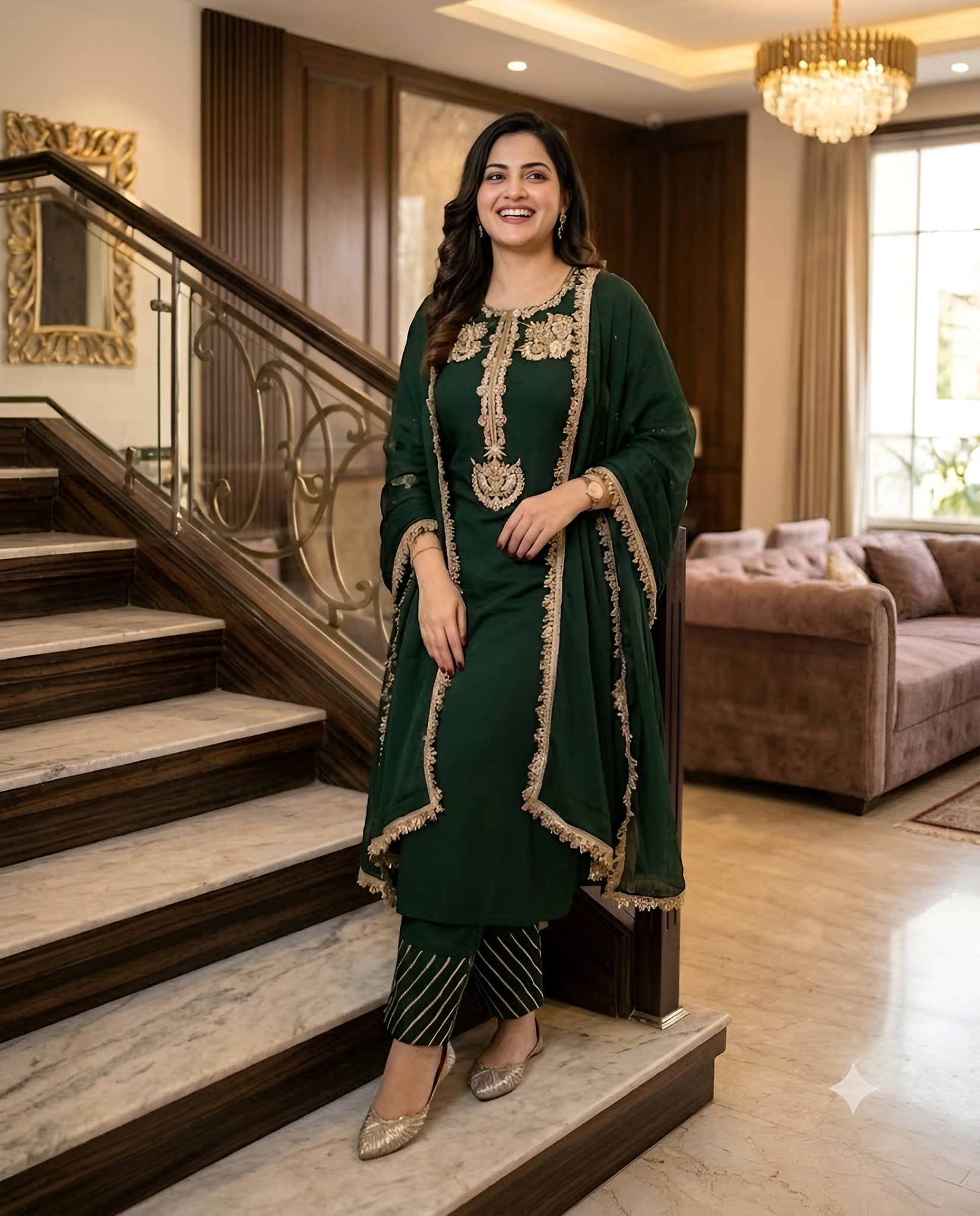 Teej Green Zari Embroidered Suit