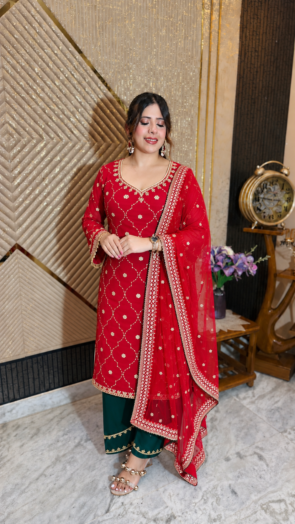 Crimson Jharokha Red Festive Suit