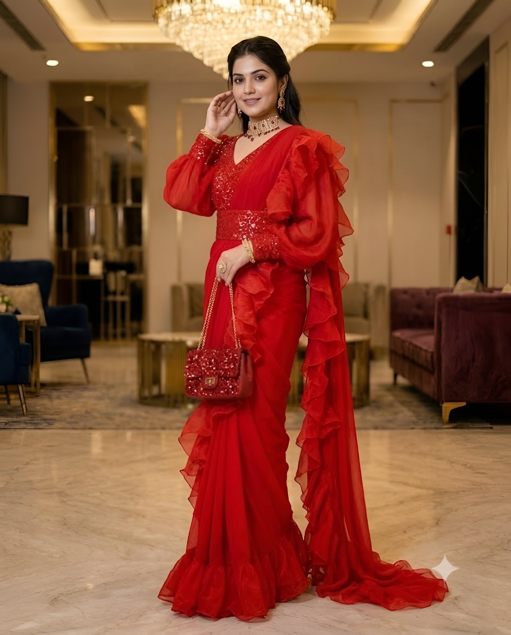 Red Phulkari Drape Saree