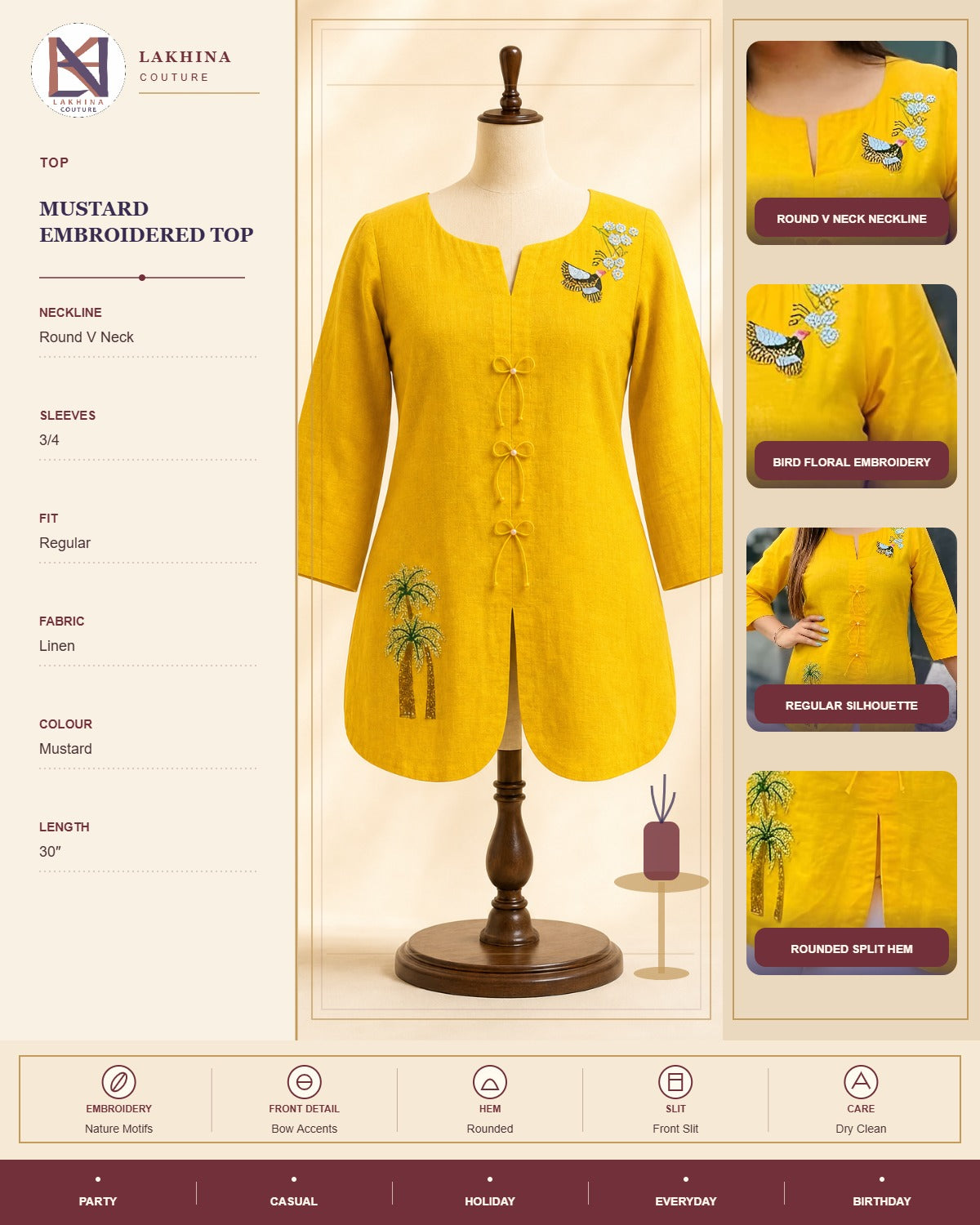 Customised Mustard Emb Lilen Top