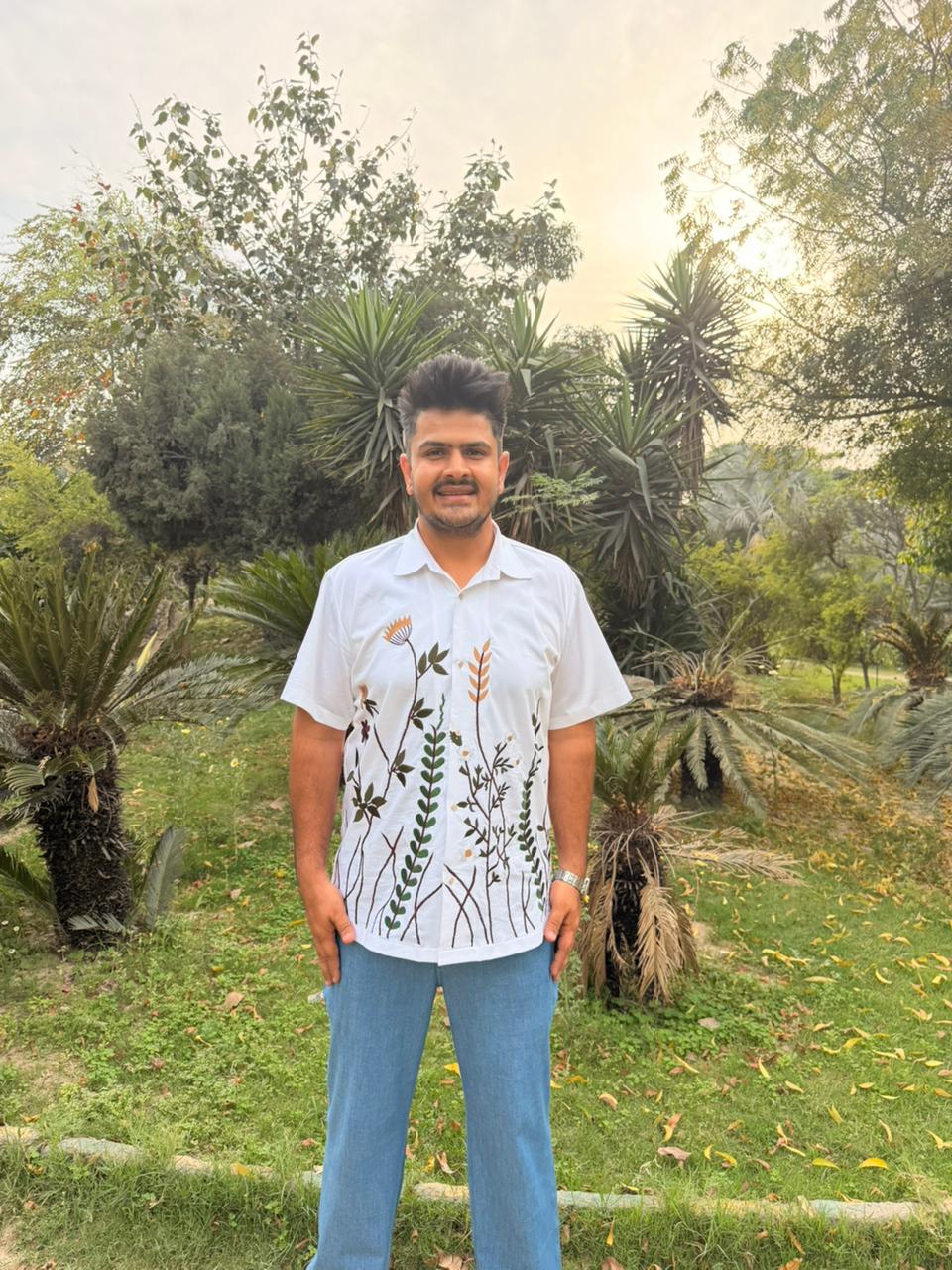 Men’s White Botanical Embroidered Shirt