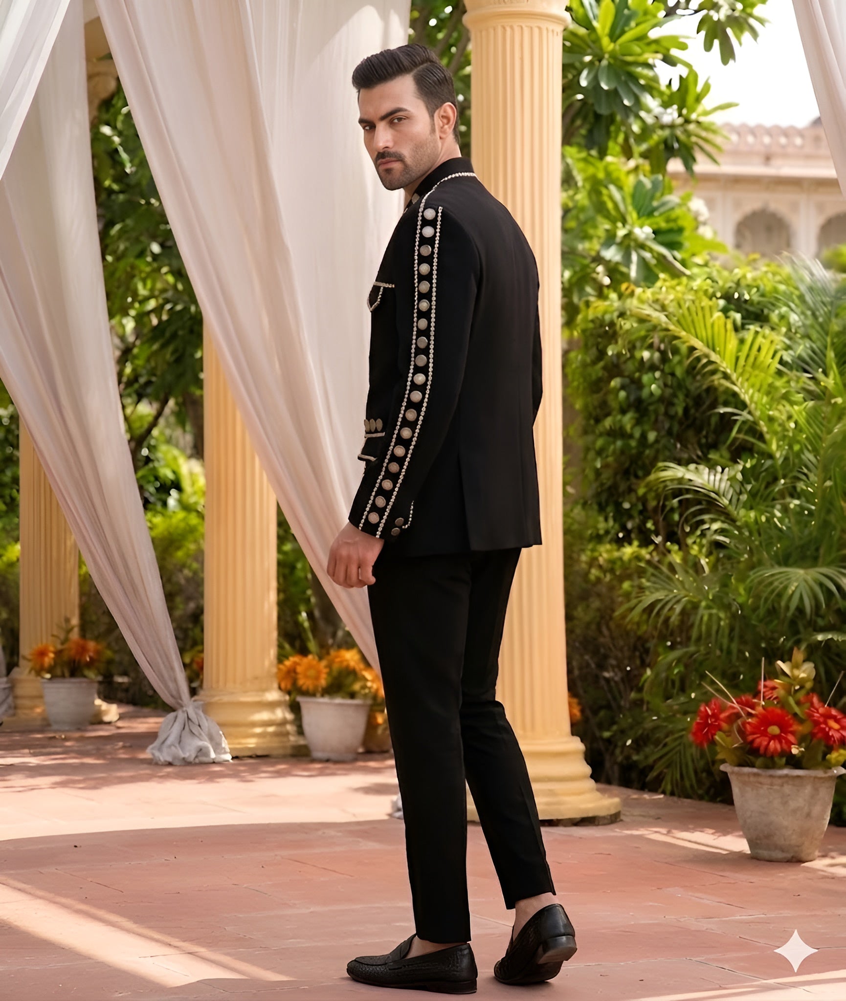 Man in a black suit standing outdoors with greenery and flowers in the background