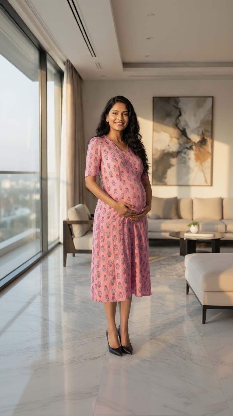 Woman in a pink dress standing in a modern living room.