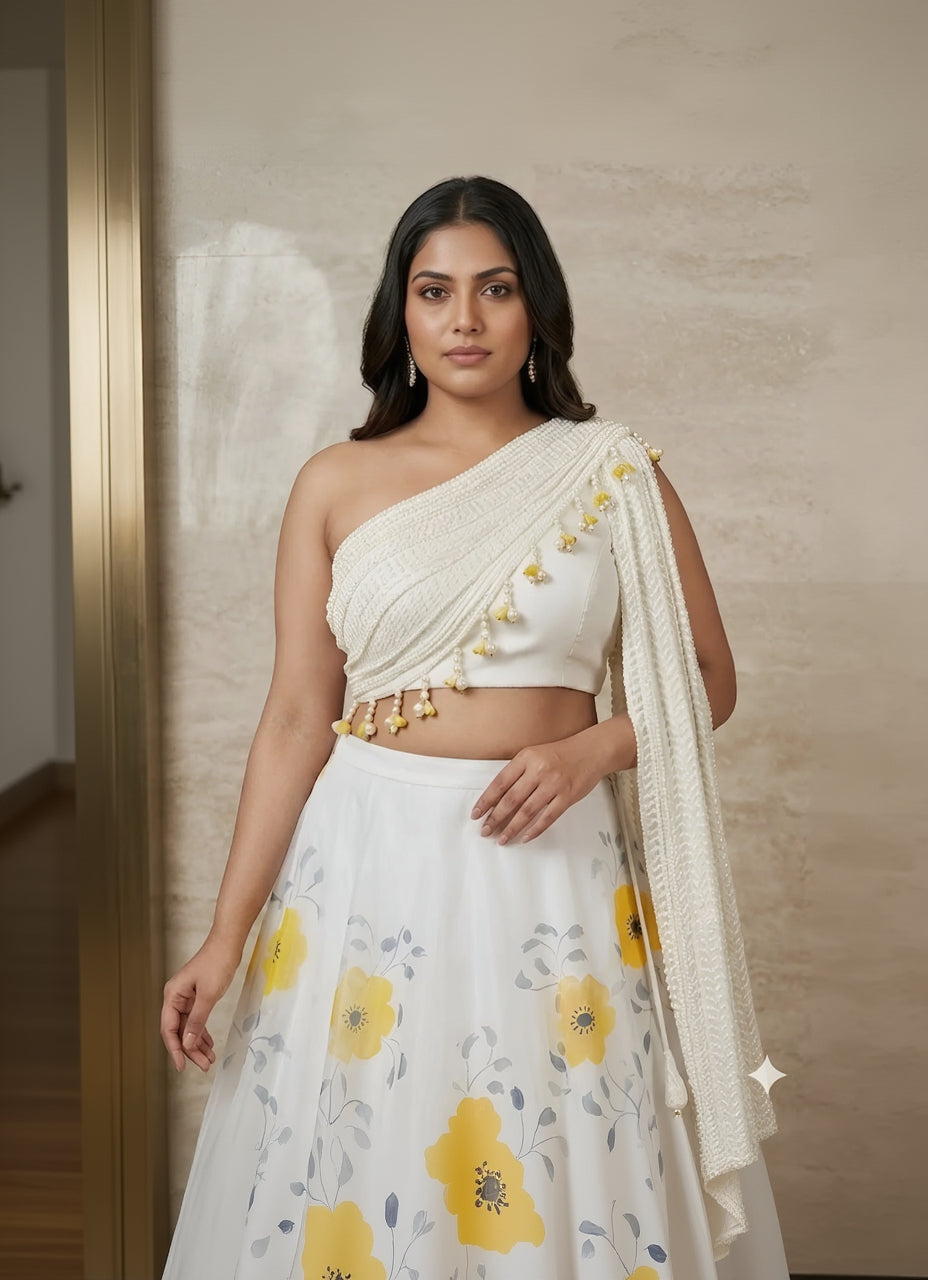 Woman wearing a white saree with yellow floral patterns against a neutral background