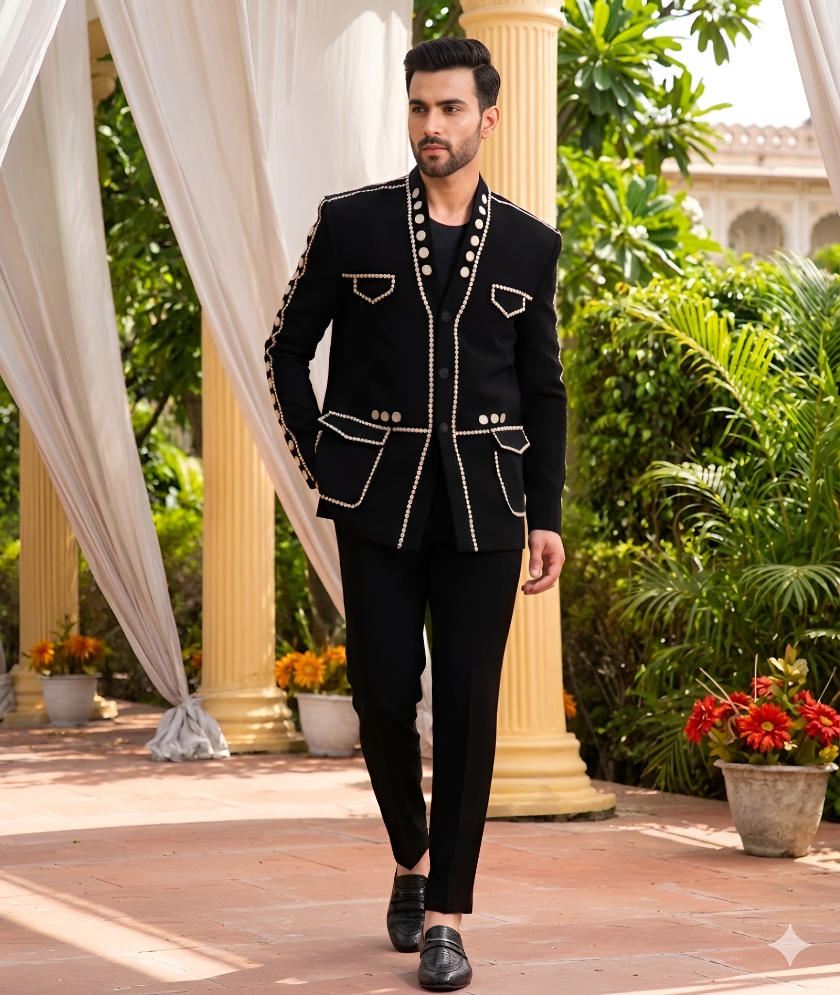 Black Shawl Lapel Lycra Suit Set