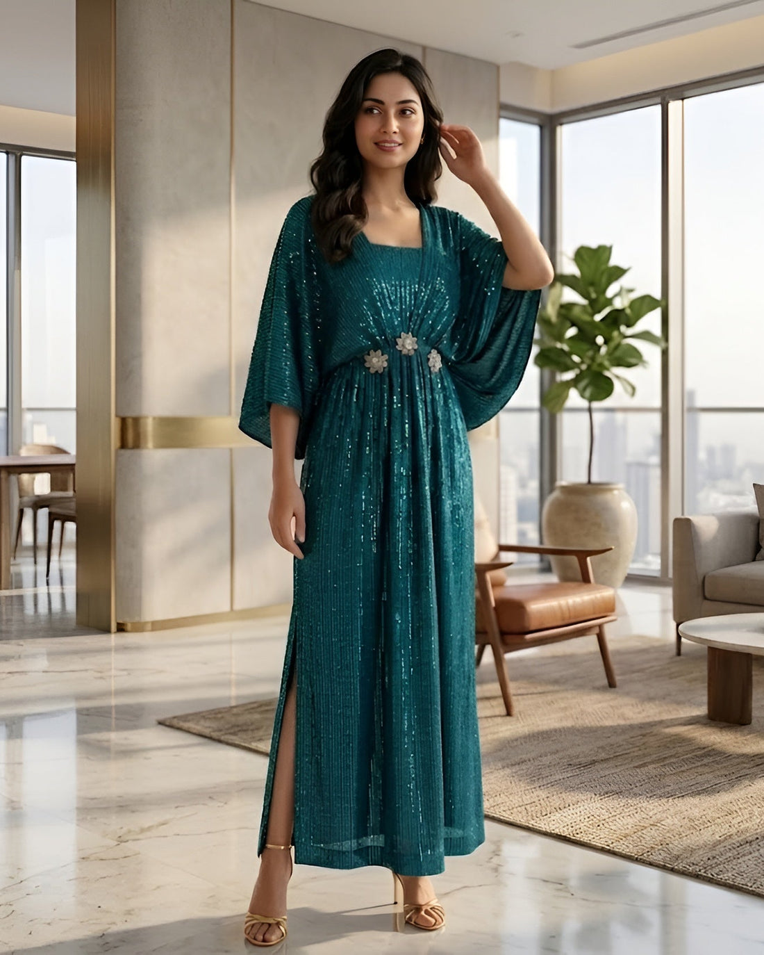 Woman in a teal dress standing in a modern living room with large windows.