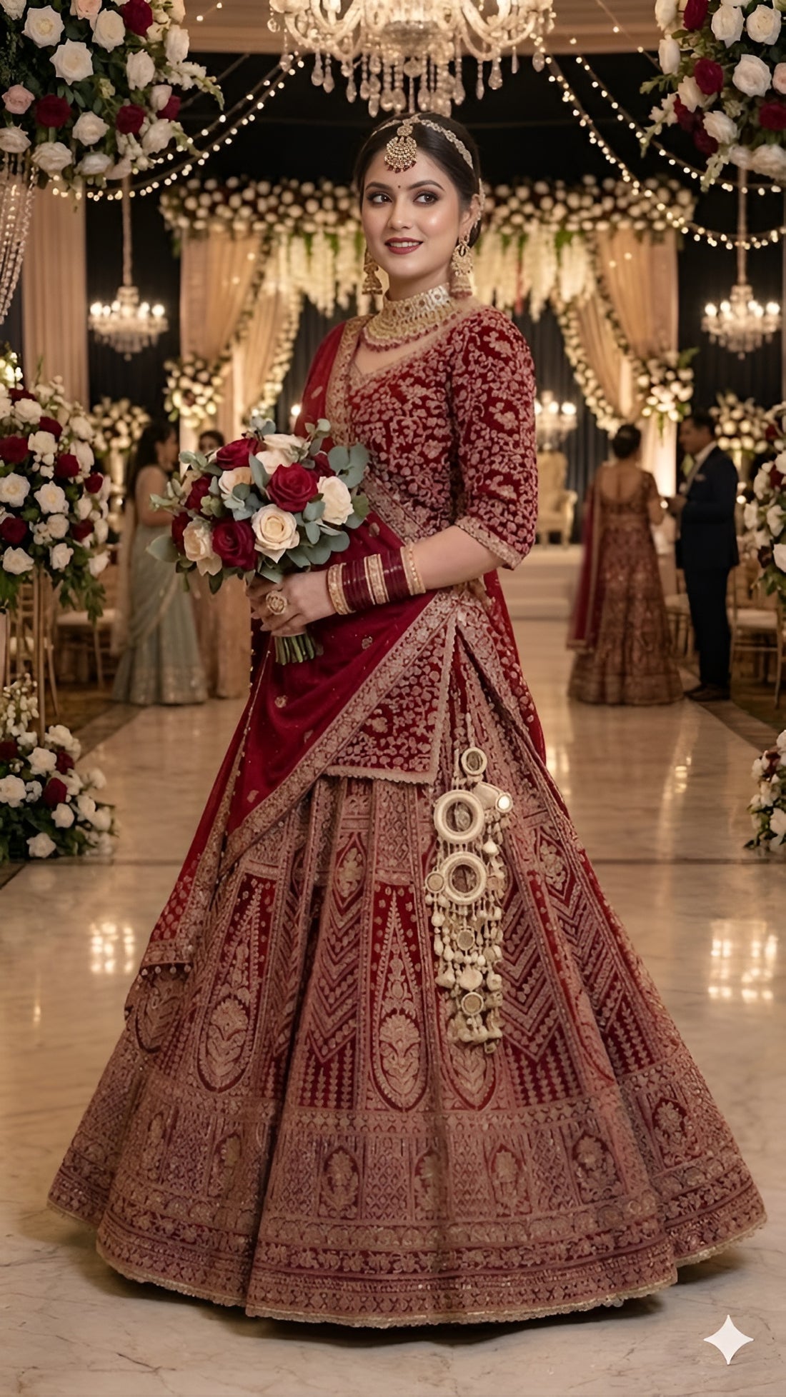 Woman in a traditional red and gold embroidered outfit in a decorated indoor setting.