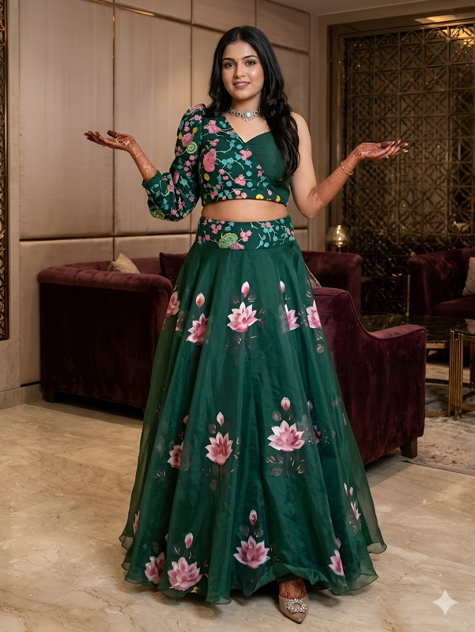 Bottle Green Handpainted Lehenga