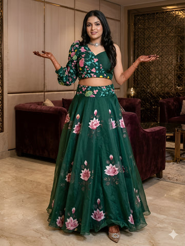 Bottle Green Handpainted Lehenga