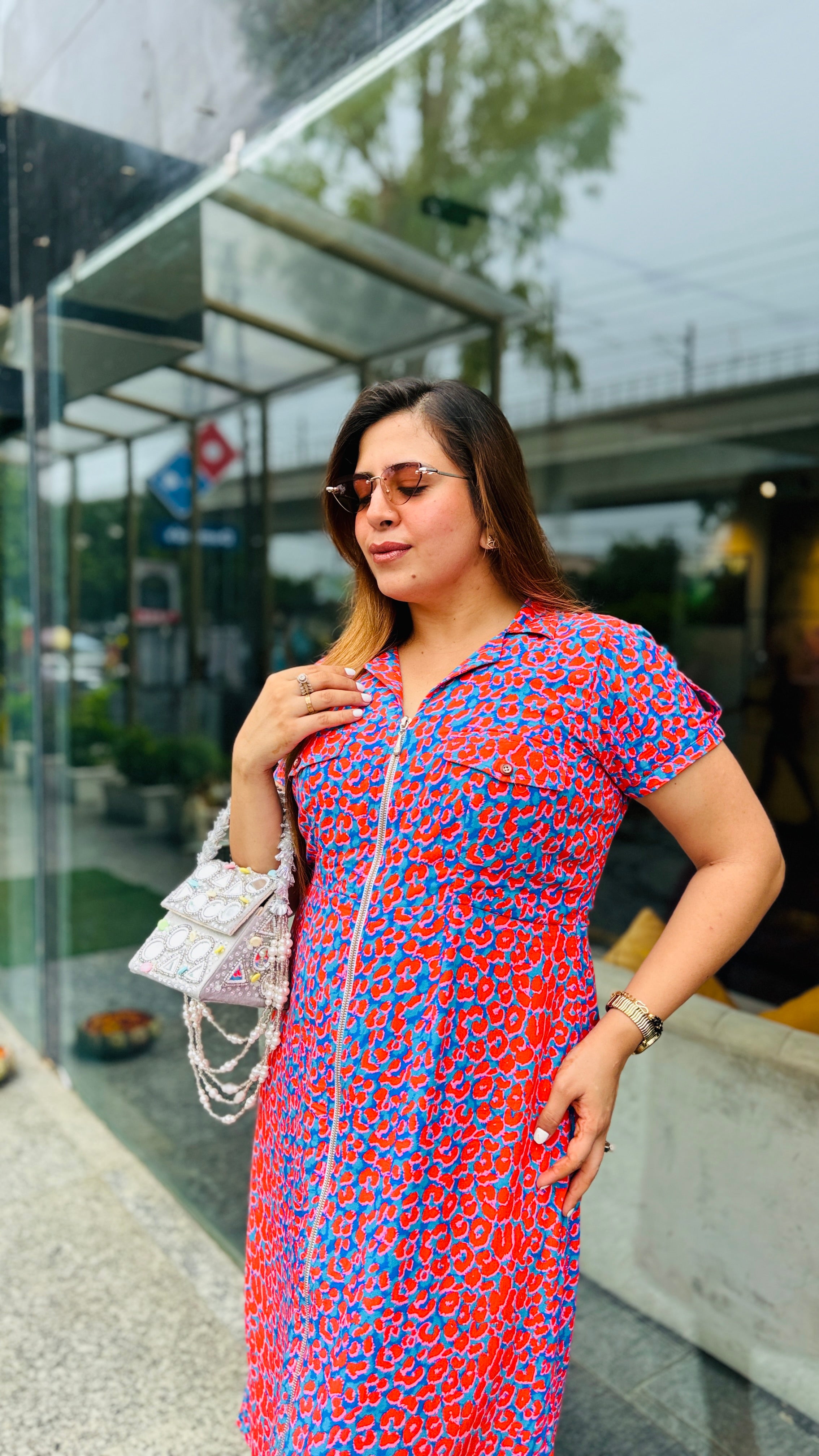 Blue Red Cotton Midi Dress