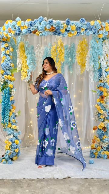 Blue Pea Handpainted Saree