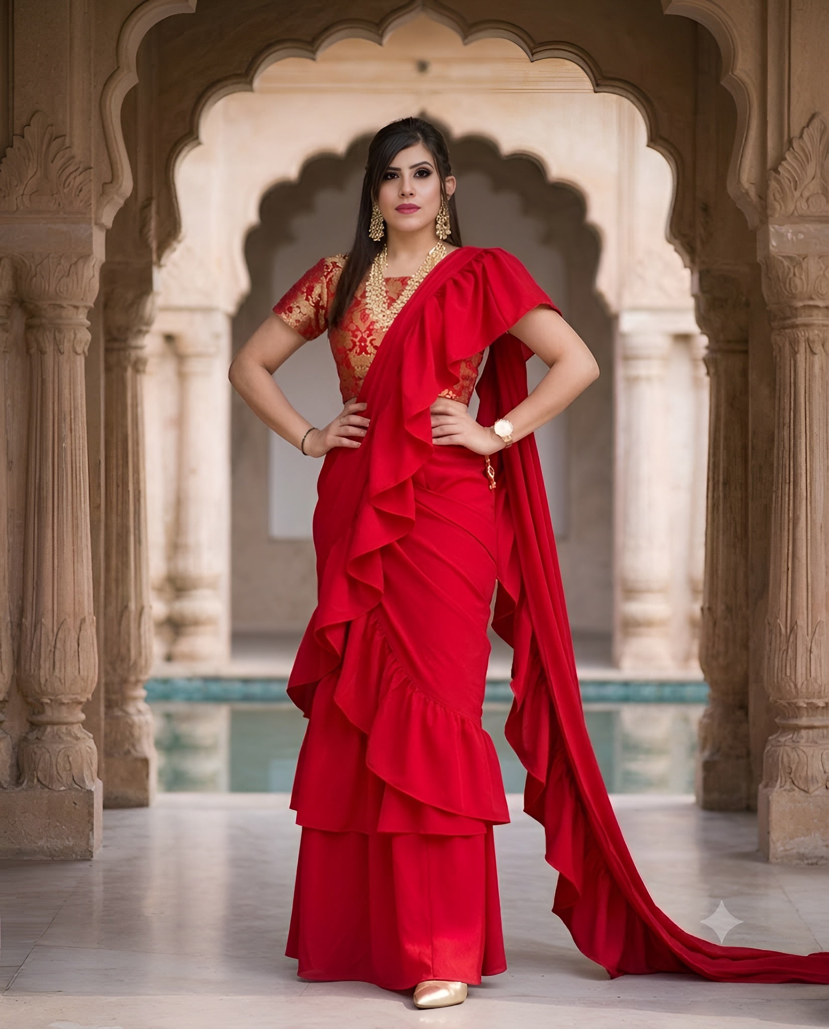 Red Ruffle Saree with Banarsi Blouse