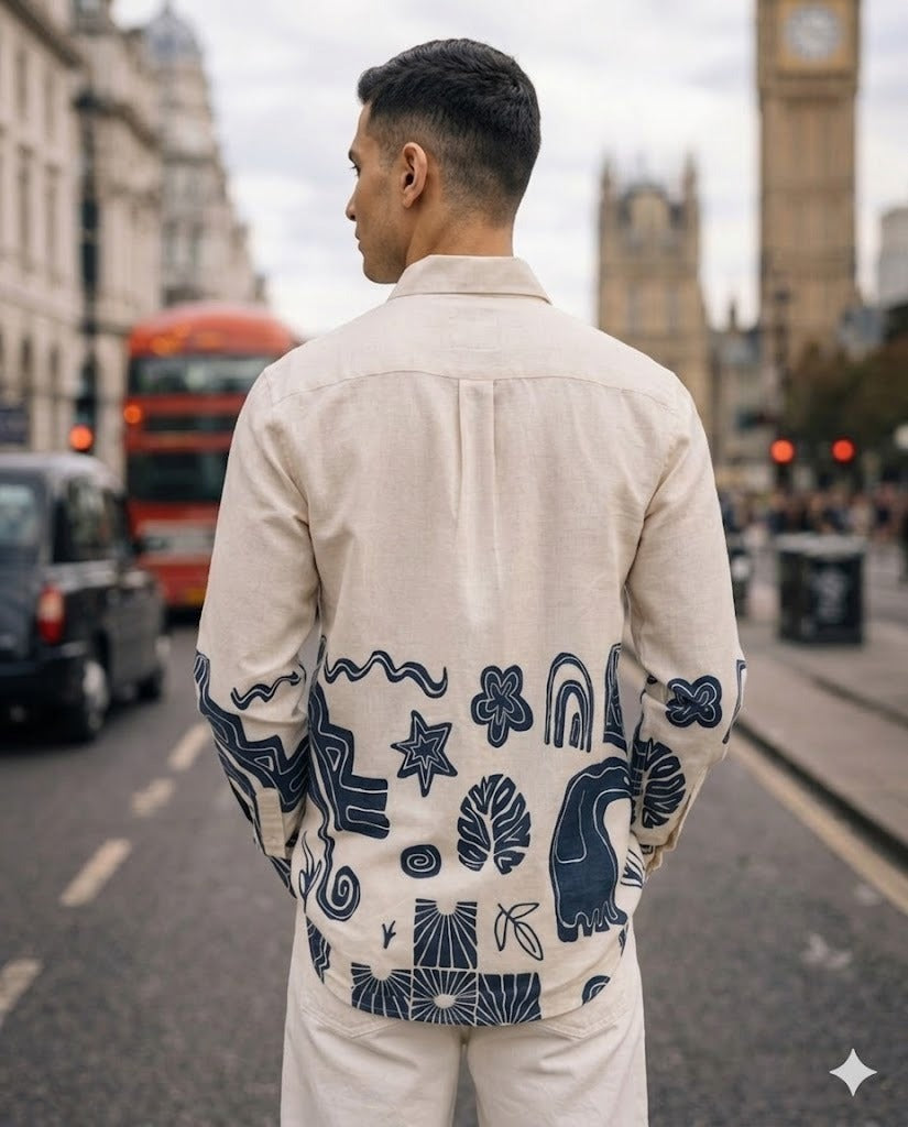 Cream Linen Shirt With Abstract Graphic Print
