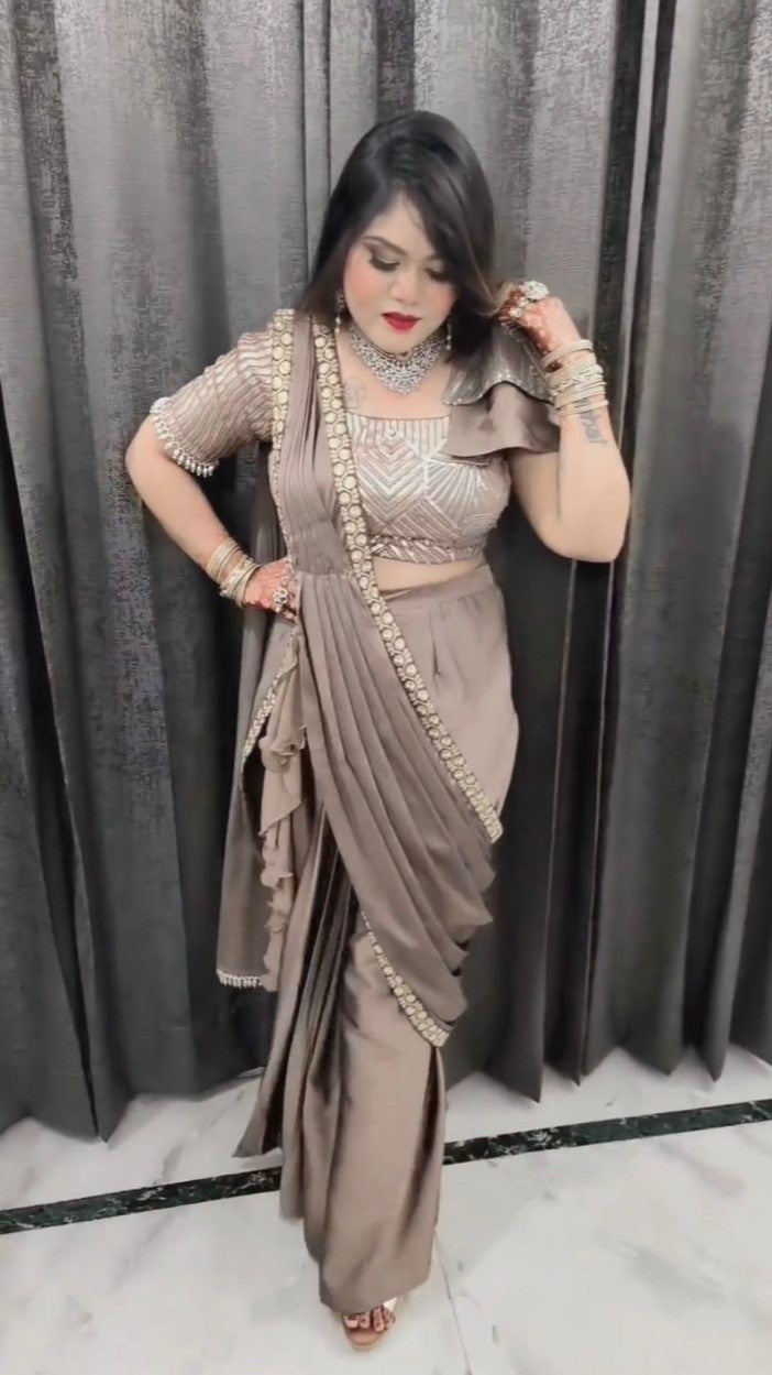 Brown Slit Drape Saree