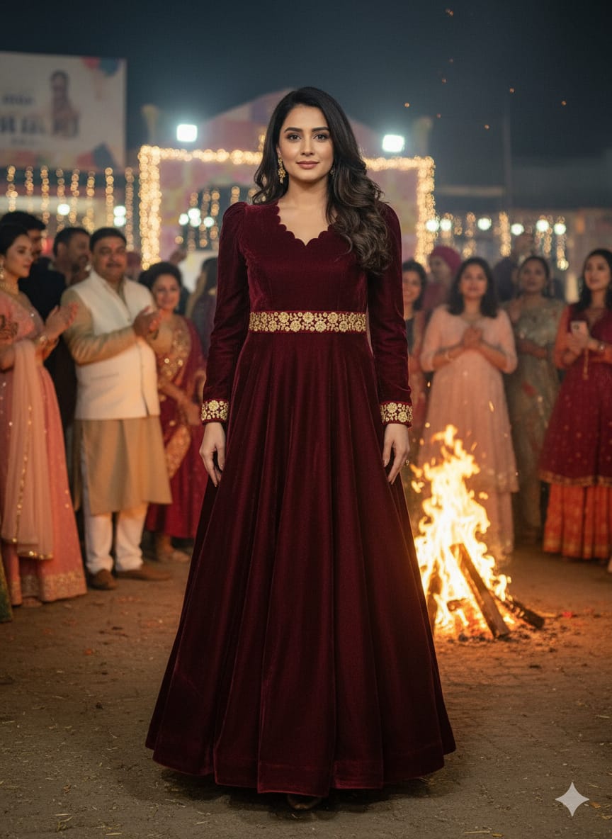 Maroon Velvet Anarkali with Belt