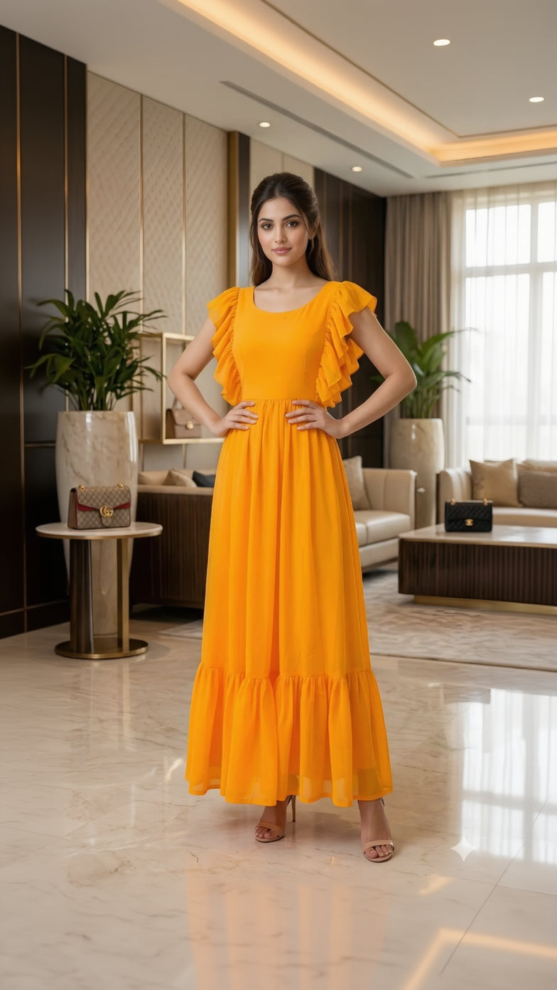 Woman in a yellow dress standing in an elegant interior setting