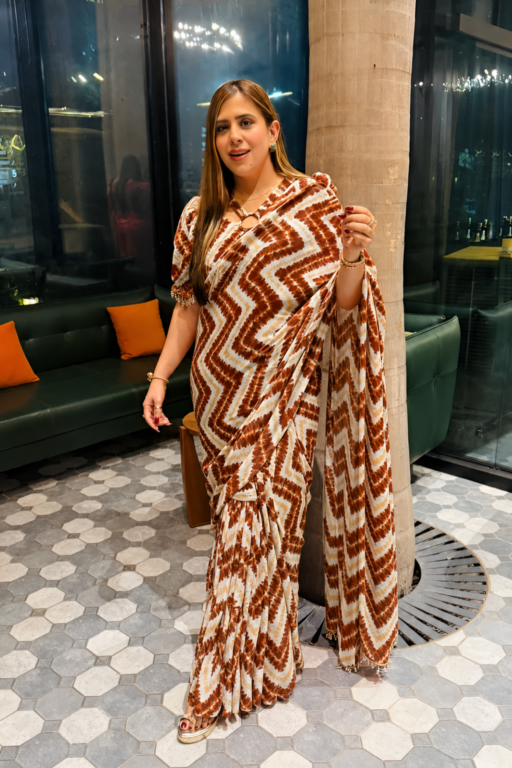 Cream & Brown Chevron Pre-Draped Saree