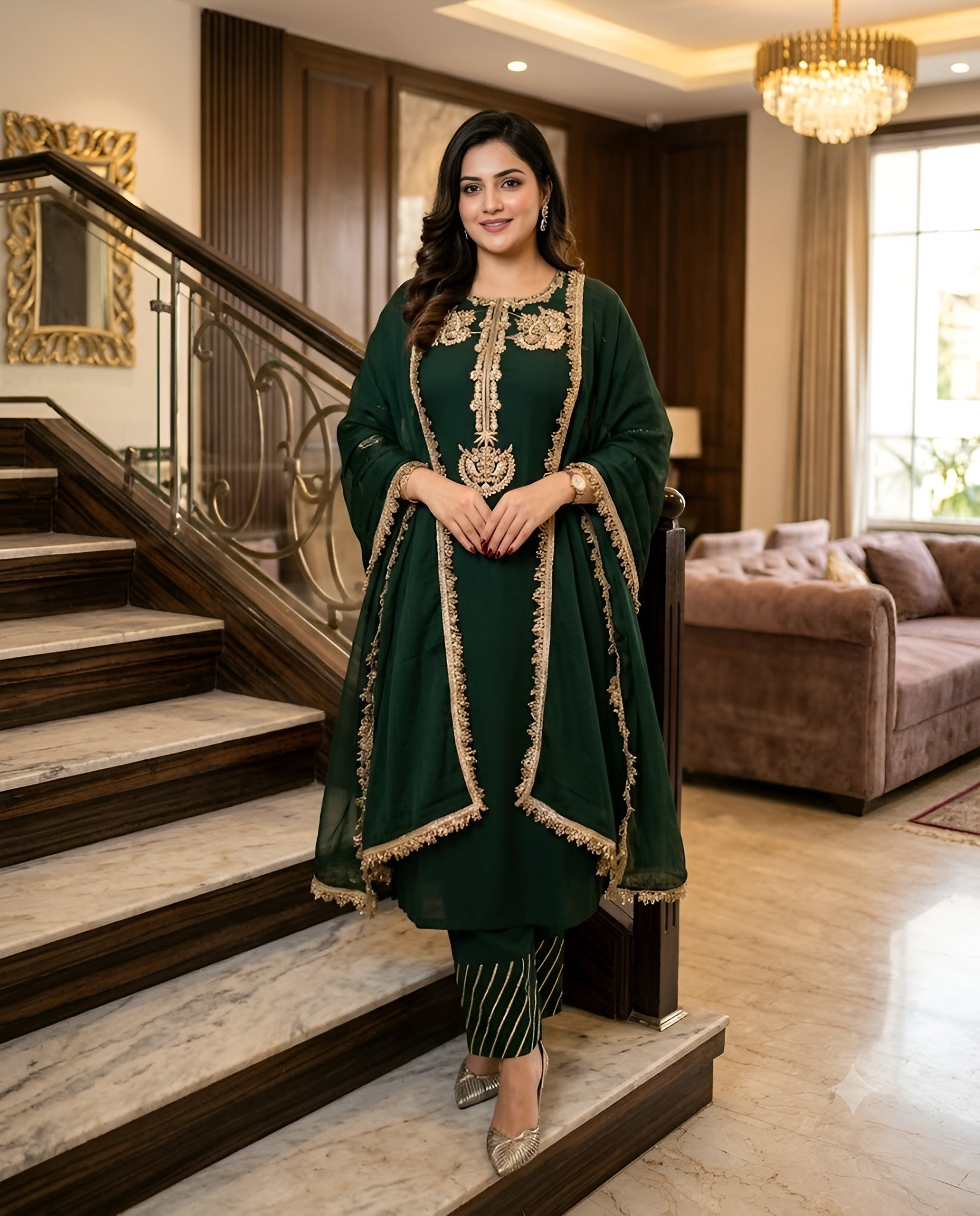 Teej Green Zari Embroidered Suit