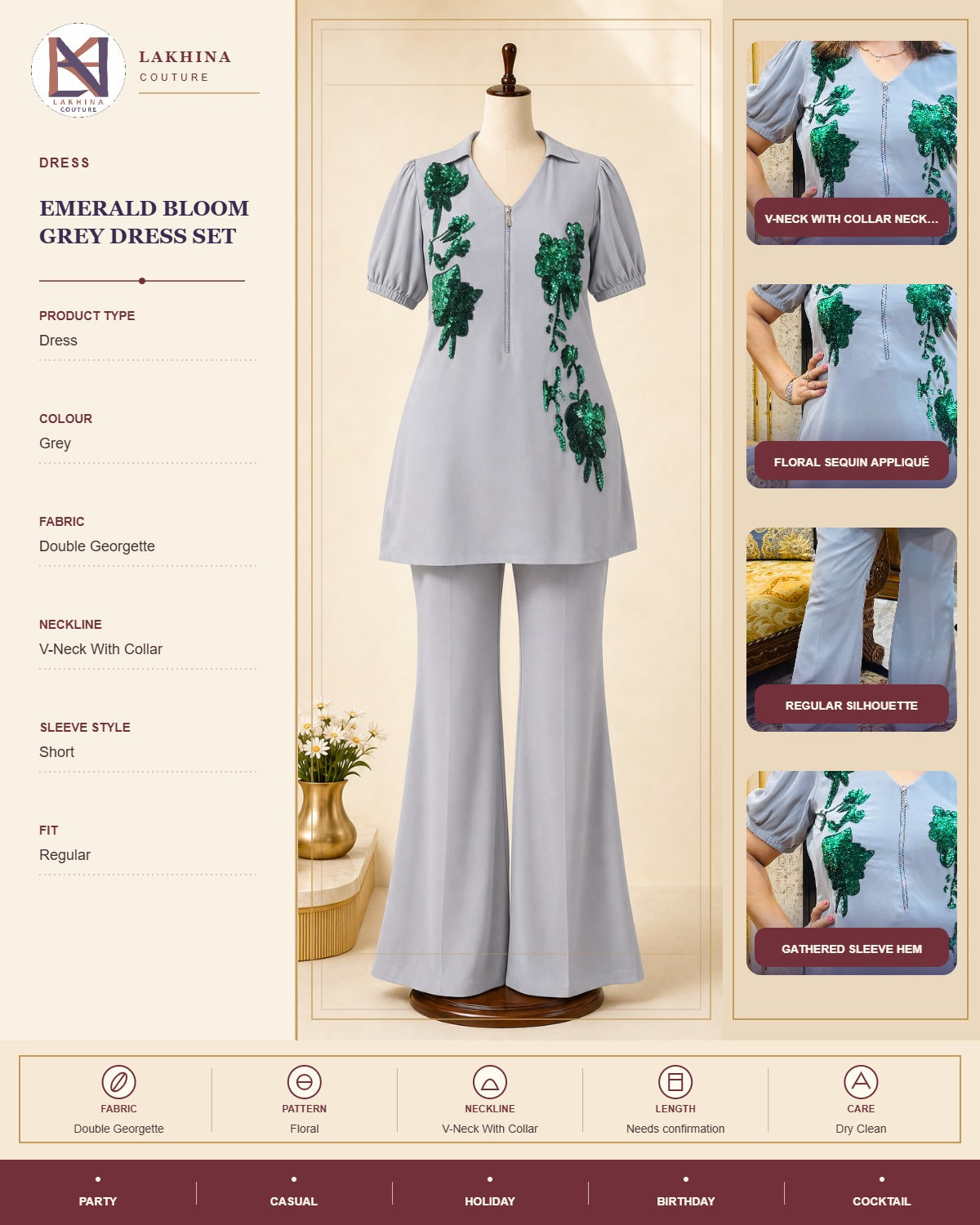 Emerald Bloom Grey Dress Set