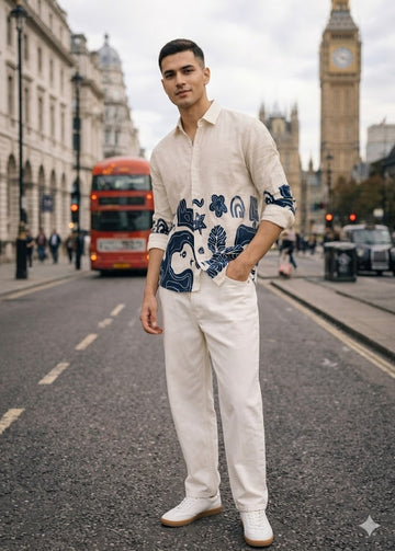 Cream Linen Shirt With Abstract Graphic Print