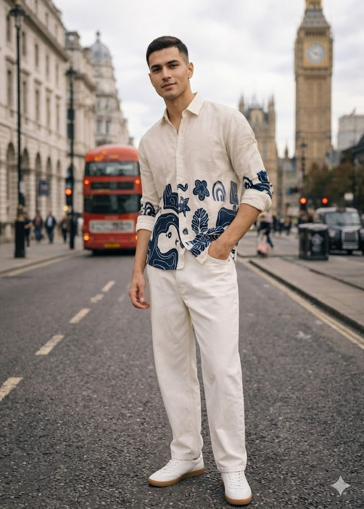 Cream Linen Shirt With Abstract Graphic Print