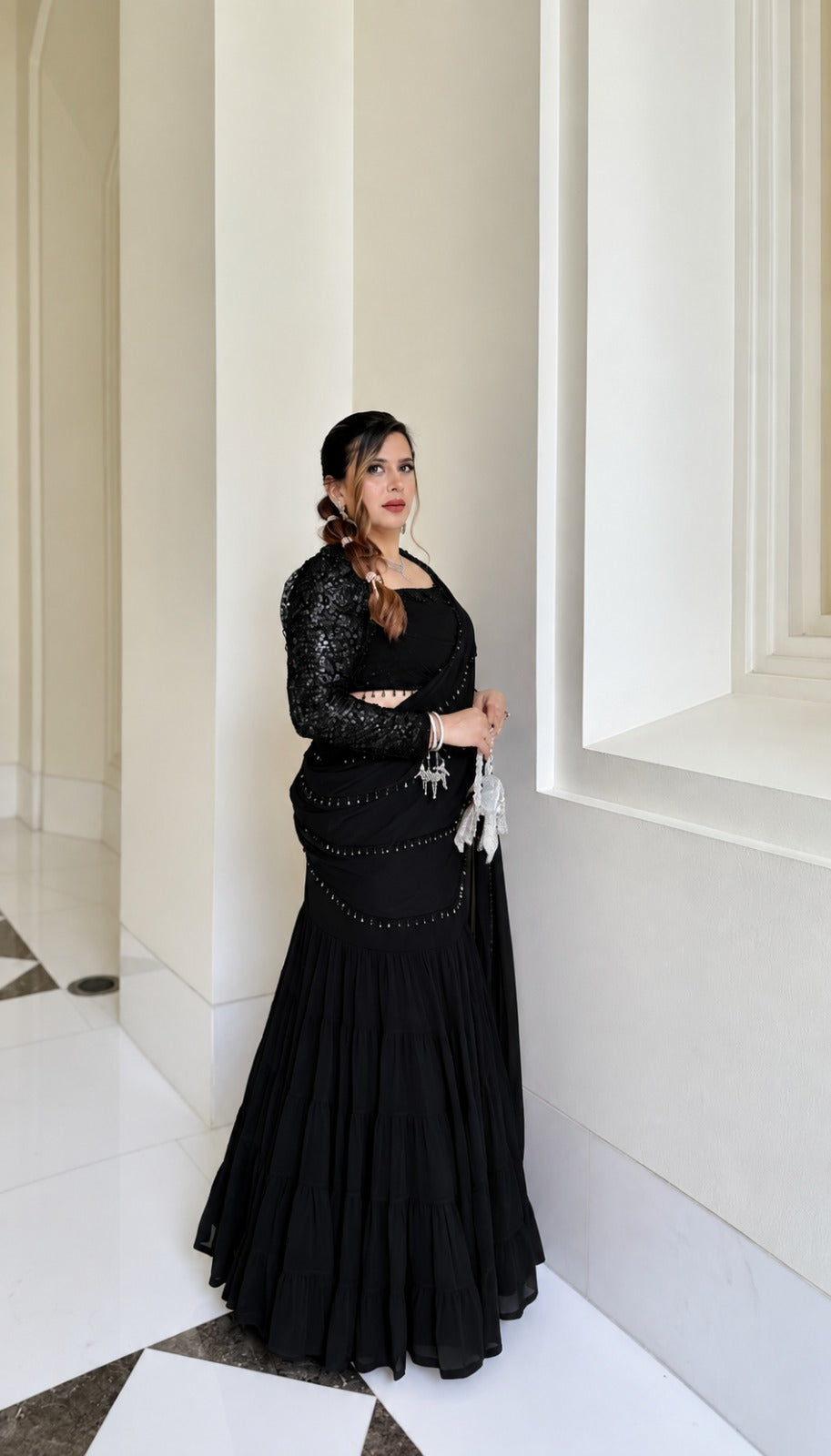 Midnight Cascade Black Saree