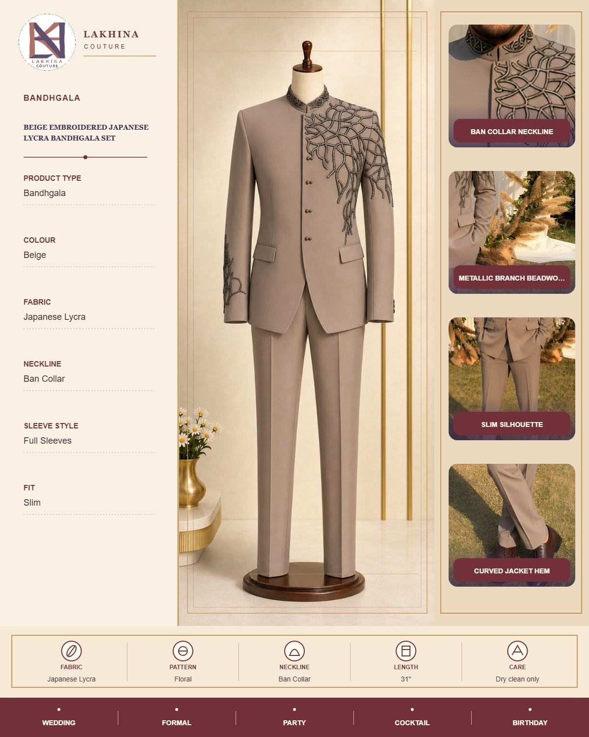 Beige Embroidered Japanese Lycra Bandhgala Set