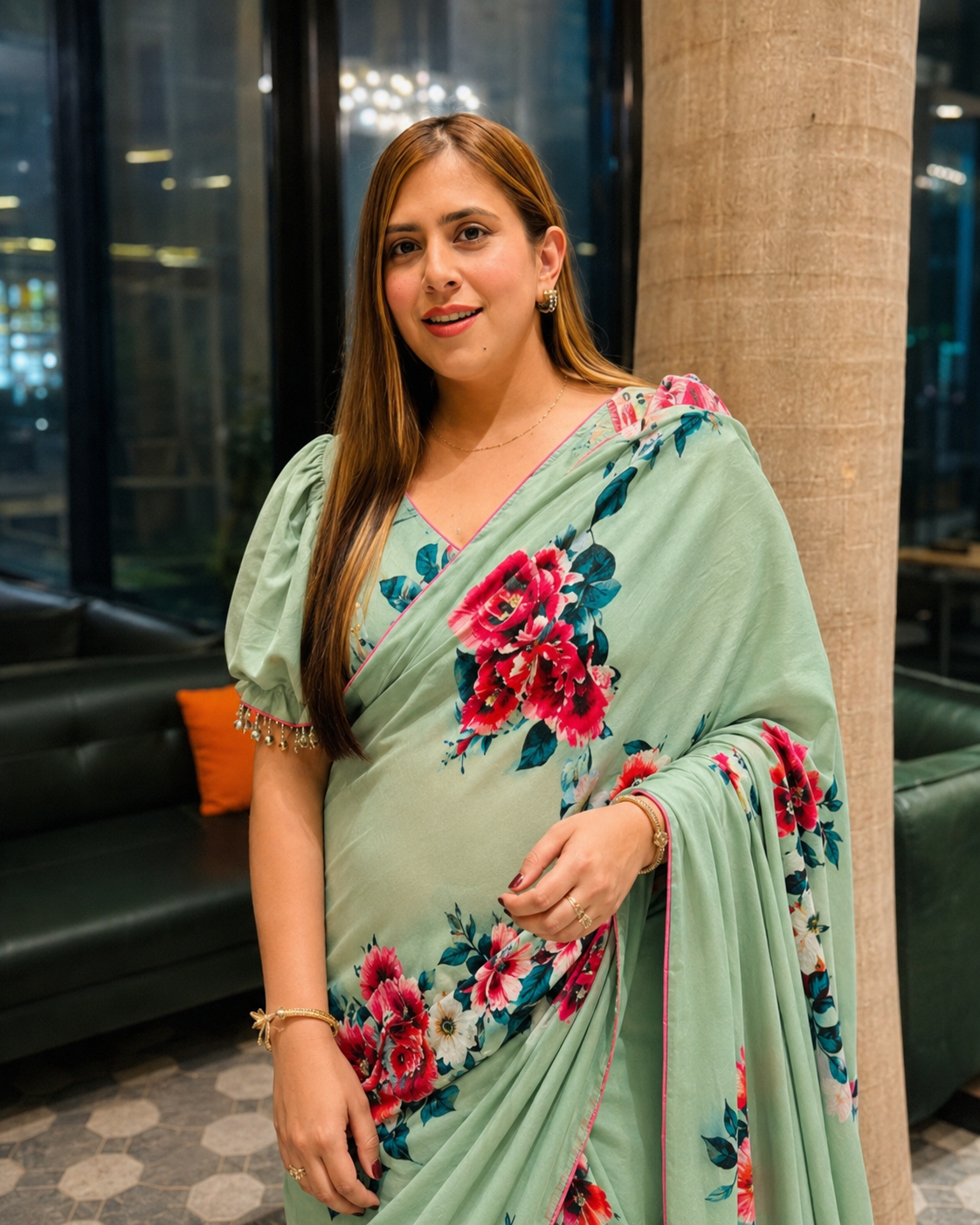 Green Floral Pre-Draped Frill Saree