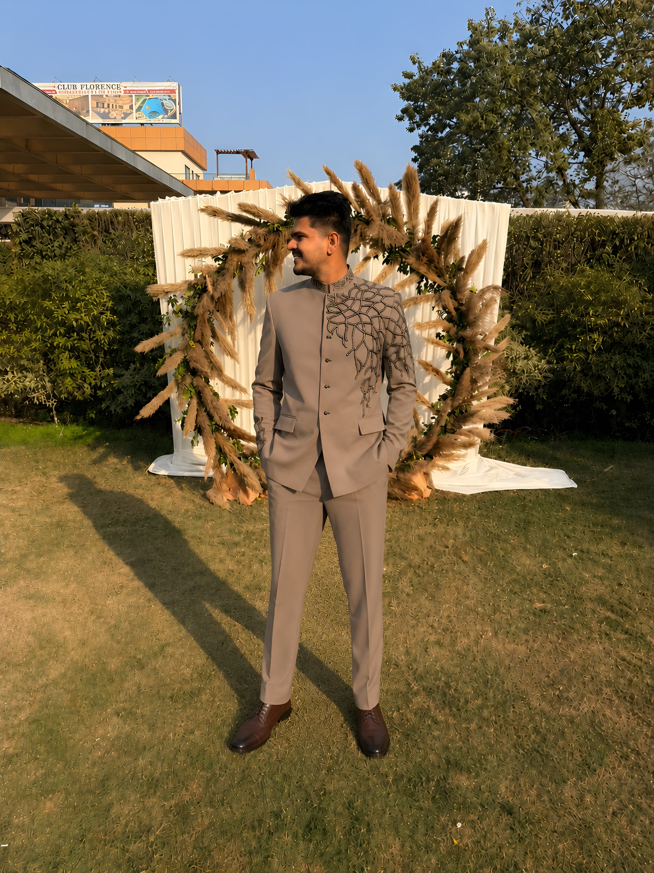 Beige Embroidered Japanese Lycra Bandhgala Set