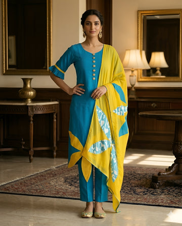 Turquoise Yellow Flower Suit