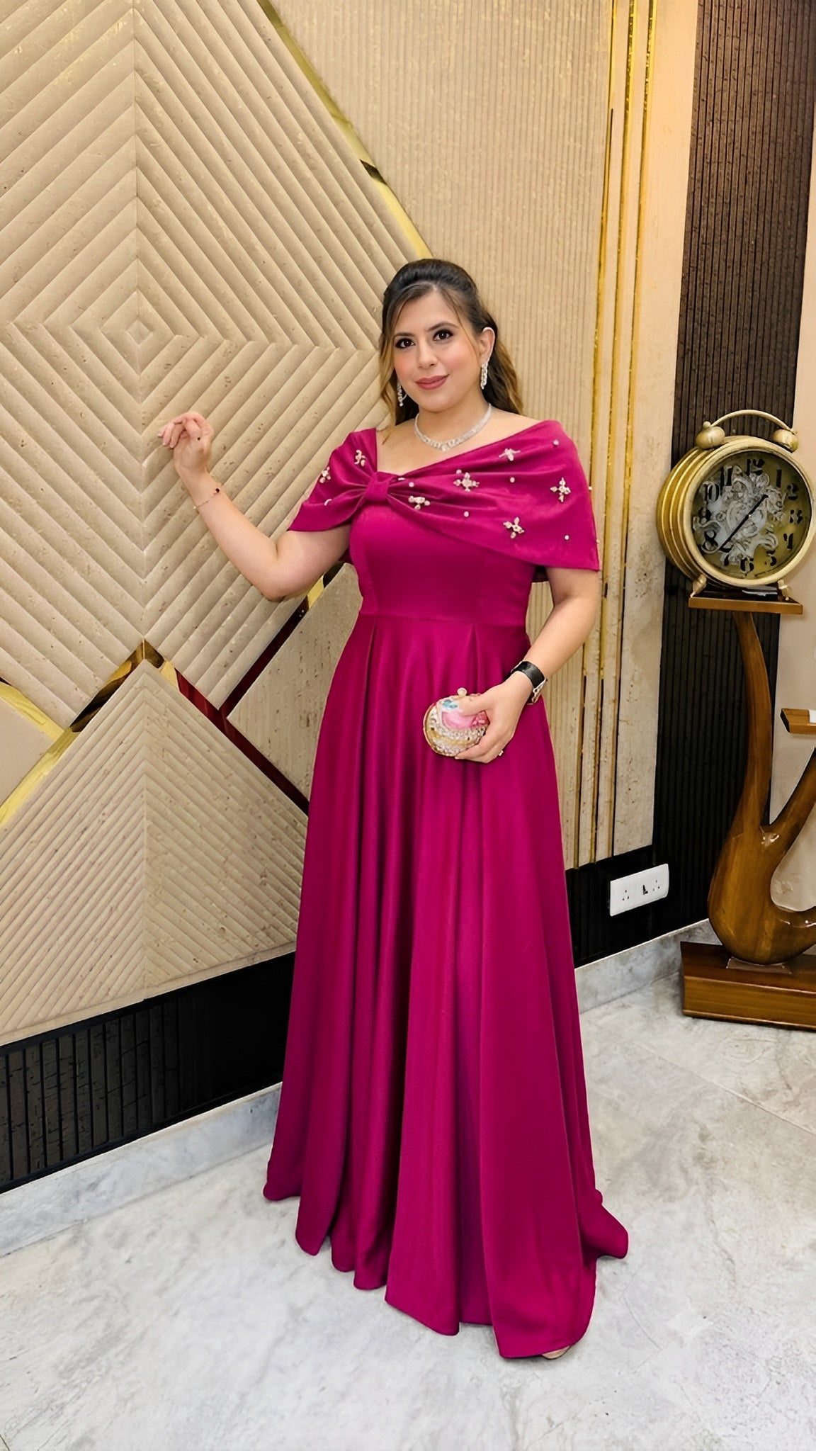 Pearl-Embellished Bow Satin Gown
