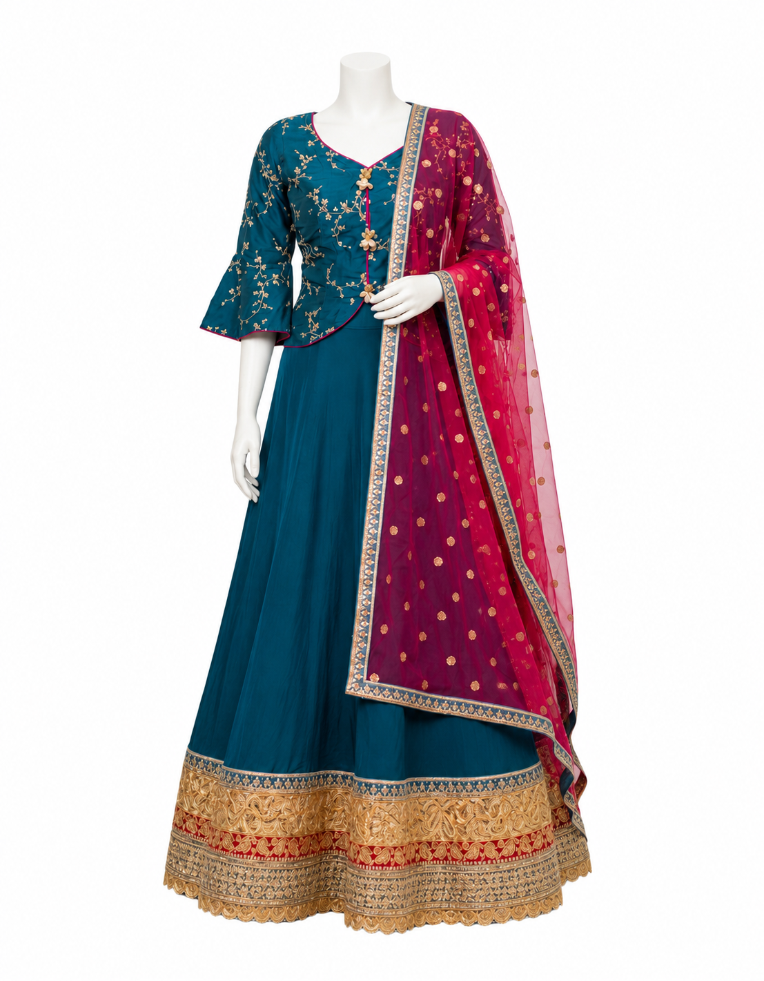 Traditional blue and red embroidered outfit on a mannequin against a white background