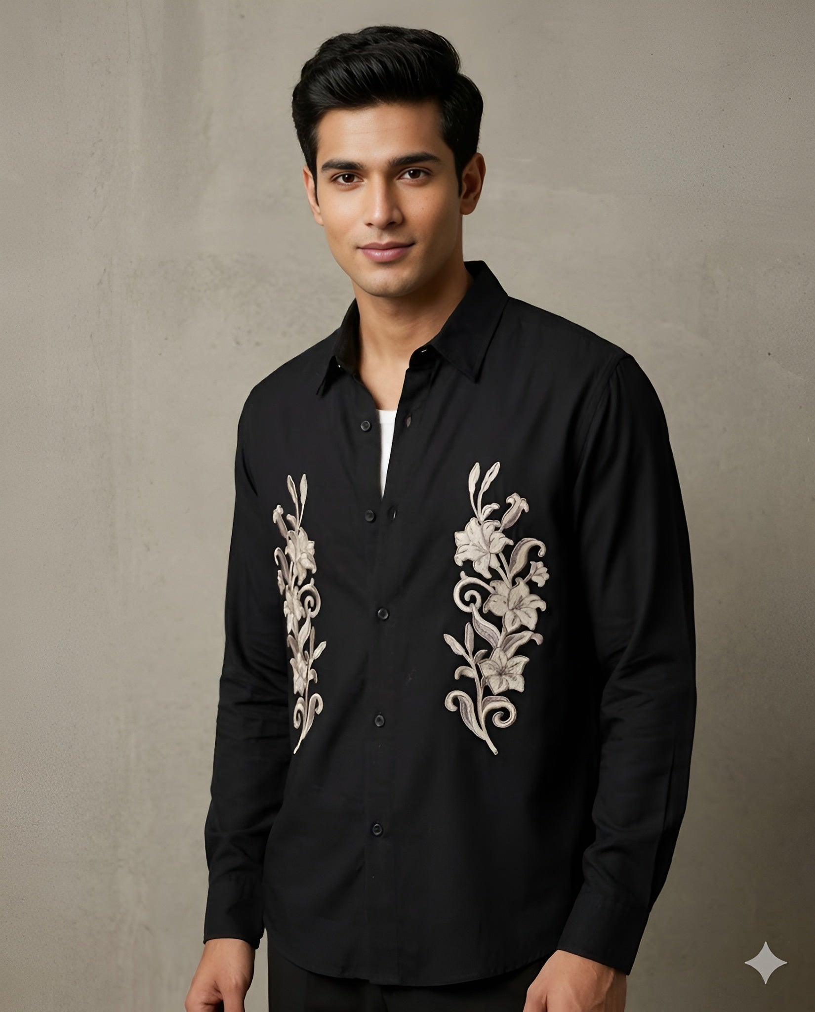 Black Floral Emb Cotton Shirt