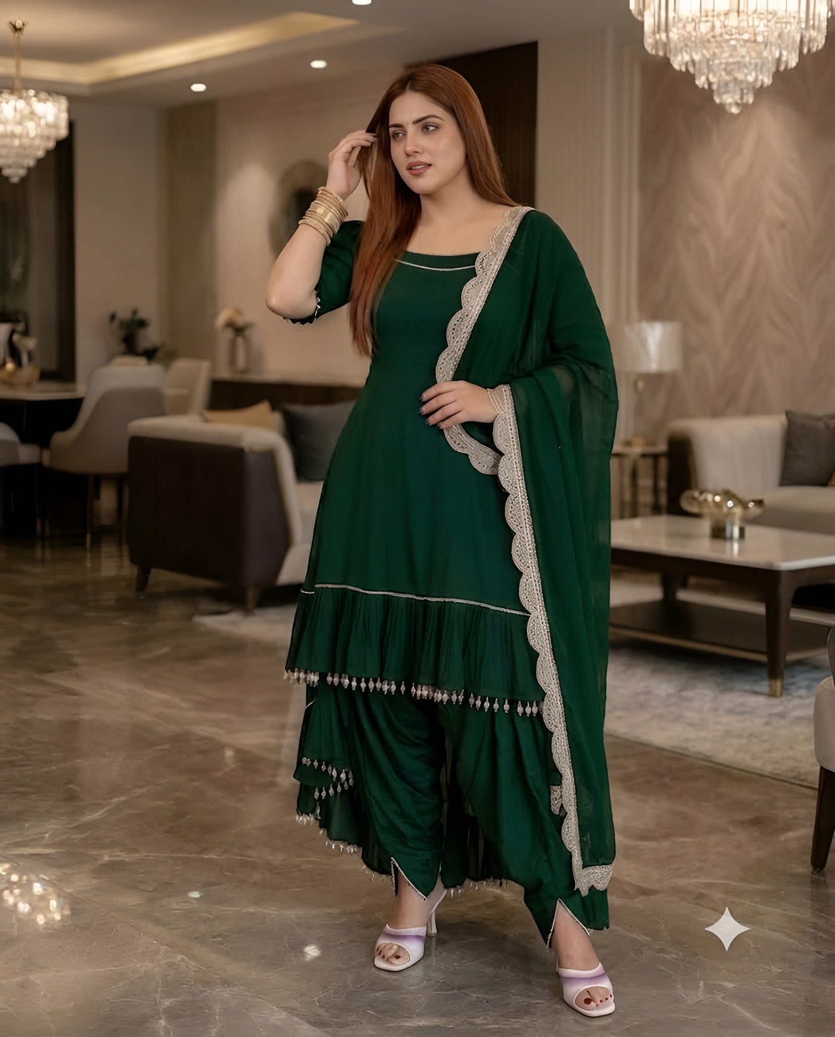 Teal Green One-Shoulder Dhoti Set