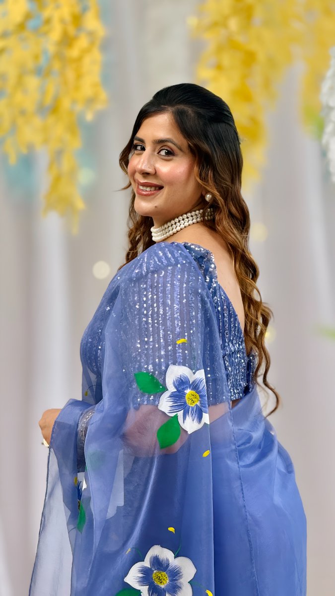 Blue Pea Handpainted Saree