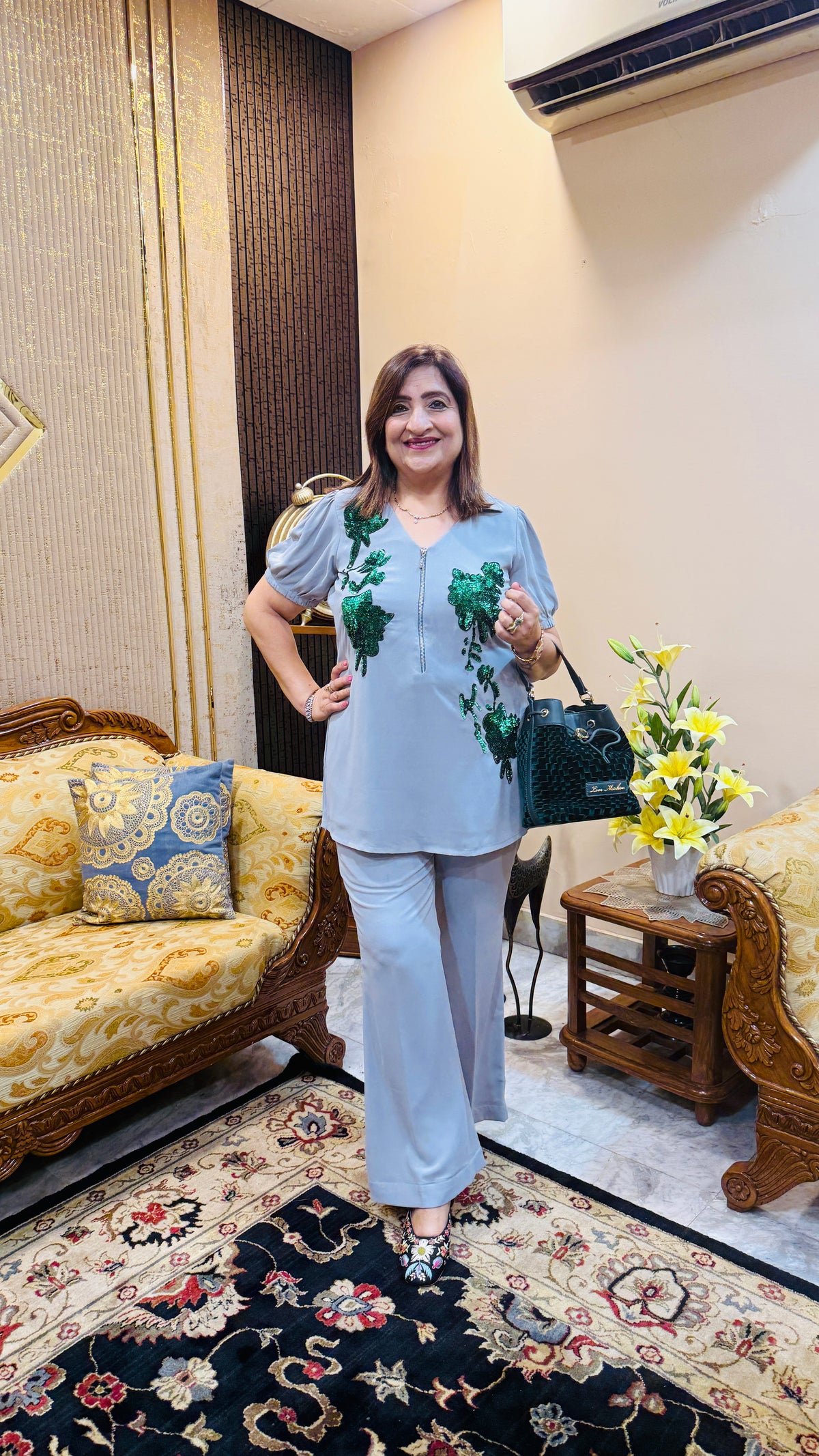 Emerald Bloom Grey Dress Set