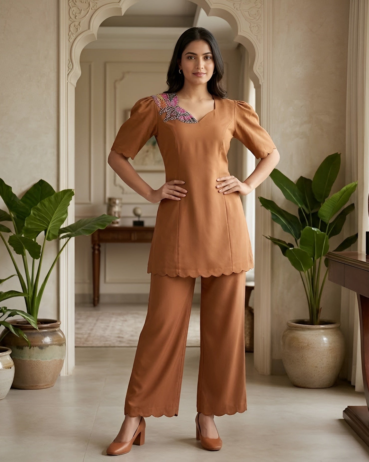Woman in a brown outfit standing in a room with plants and decor.