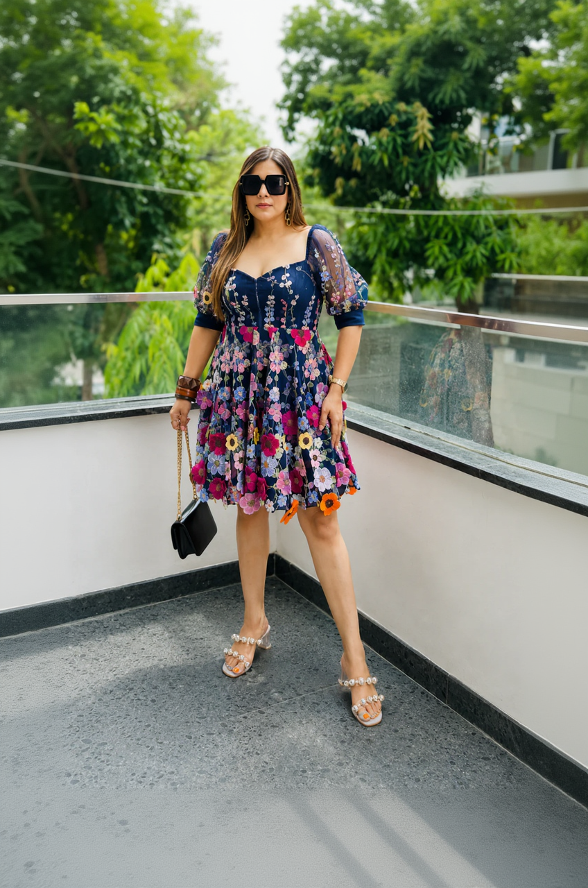 Woman wearing a floral dress with sunglasses and a handbag, standing on a balcony.