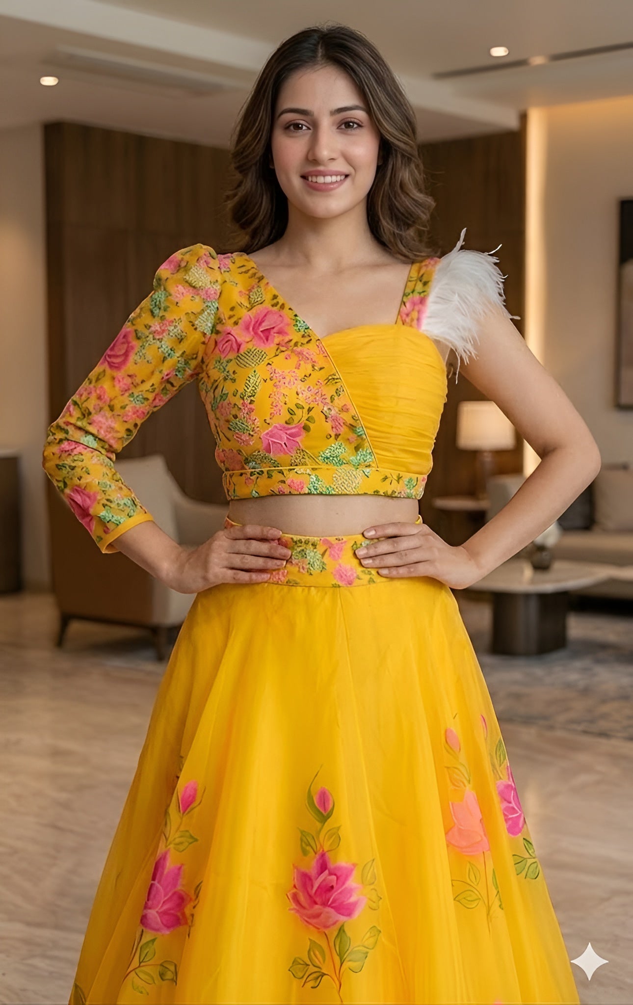 Yellow Hand Painted Organza Lehenga